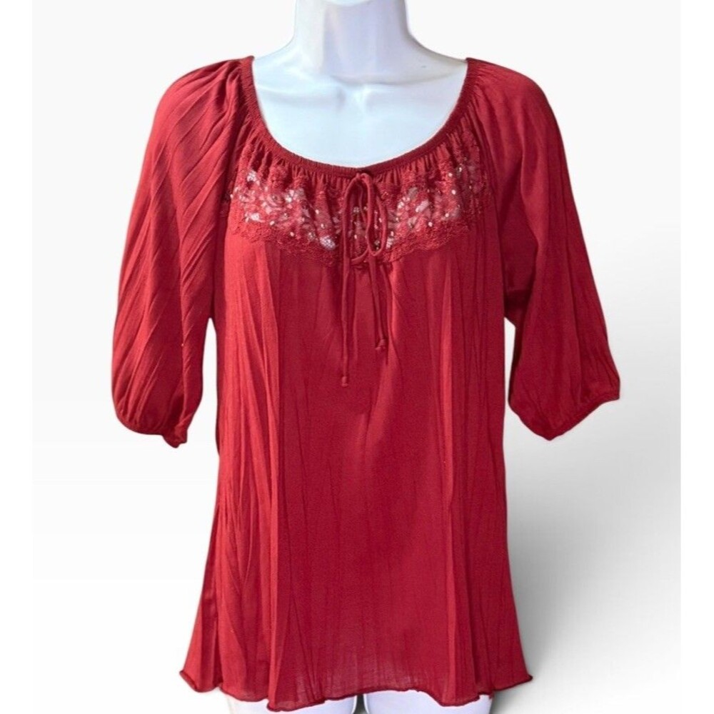 French Laundry Women's Red Peasant Blouse Size L Lace Sequin 3/4 Sleeve Top